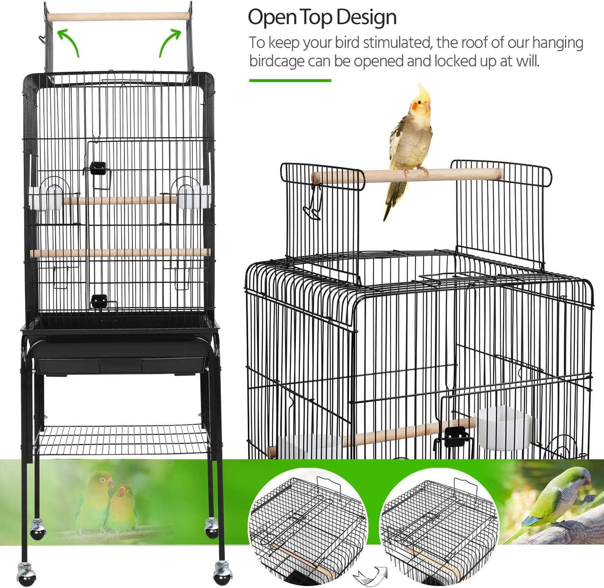 Yaheetech Open Top Rolling Parrot Bird Cage for Cockatiel Sun Parakeet Green Cheek Conure Mid-Sized Parrot Cage with Detachable Stand