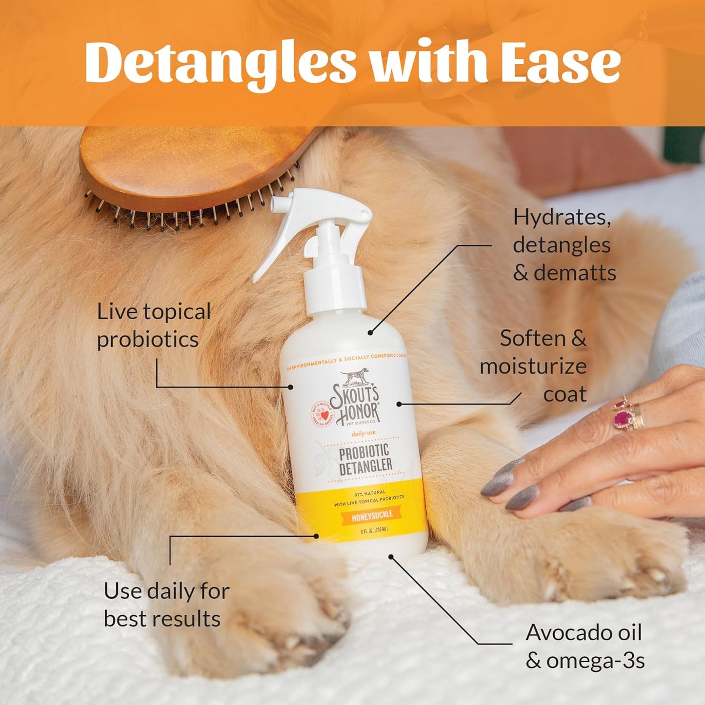 Skout's Honor Probiotic Pet Detangler Spray - Hydrating & Conditioning w/Avocado Oil, 97% Natural, Paraben & Sulfate-Free, softens for a More brushable Coat, Daily Use, 8oz, Honeysuckle
