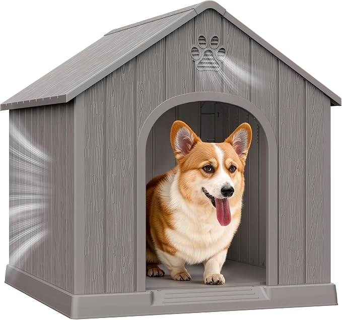 Bifanuo Outdoor Indoor Dog House for Small & Medium Dogs - Weatherproof Shelter with Elevated Floor, Hidden Vents & Tool-Free Assembly (Classic Grey, 26.18" L x 24.03" W x 25.98" H)