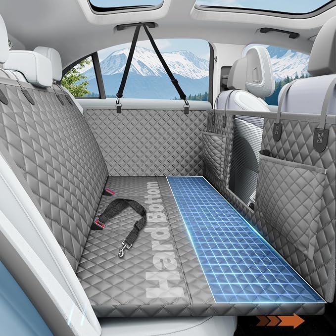 Dog Car Seat Cover for Back Seat,Hard Bottom Hammock Hold 400lbs For Cars | Grey,Waterproof,Anti-Scratching,Safety Non-Slip,600D Oxford,Mesh Window,Storage Pocket,for Cars/SUV/ Sedans/MPV