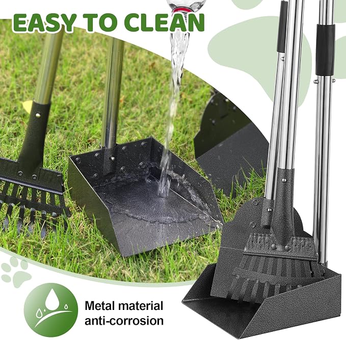 Pooper Scooper, Dog Pooper Scooper Long Handle Stainless Metal Tray Shovel and Rake Set for Medium Small Dogs Heavy Duty， Use for Grass, Dirt or Gravel