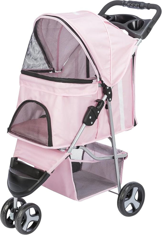 Trixie Foldable Pet Stroller for Cats and Dogs, Pet Carrier Strolling Cart with Weather Cover, Storage Basket, Cup Holder, Pink