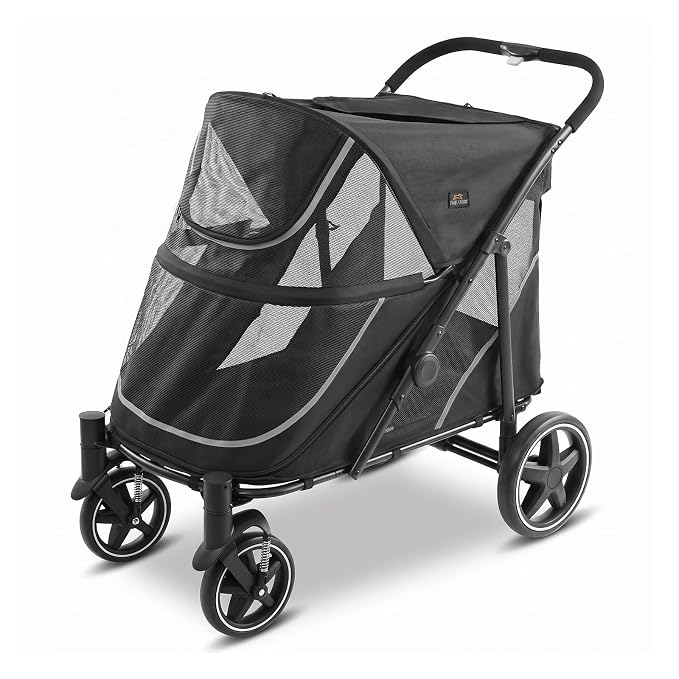 CANINE CANYON Denver Dog Stroller for Large & Medium Dogs- Easy Fold All-Terrain Pet Stroller for 2 Dogs with Dual Entry, One-Foot Brake, Sunroof & Breathable Windows, Up to 130 lbs, Black