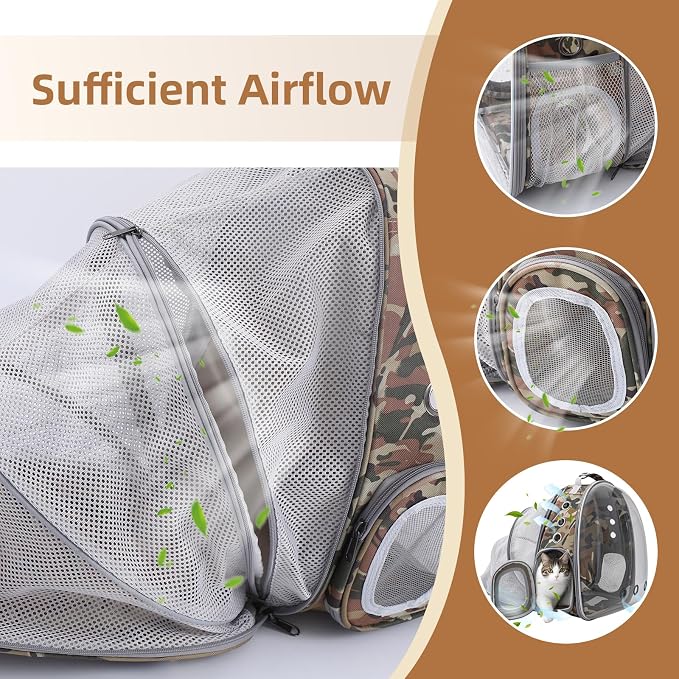 TOYSINTHEBOX Cat Backpack Carrier Back Expandable Bubble Pet Carrier Backpack for Large Cat, Kitten and Dog, Designed for Hiking, Camo