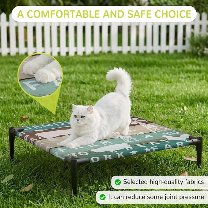 Outdoor Elevated Dog Bed for Small Dogs, Farmhouse Barn Breathable Cooling Raised Dog Cot for Indoor/Outdoor, Cow Pig Chicken Windmill Wooden Plank Waterproof Elevated Pet Beds, S 20 x 20 in
