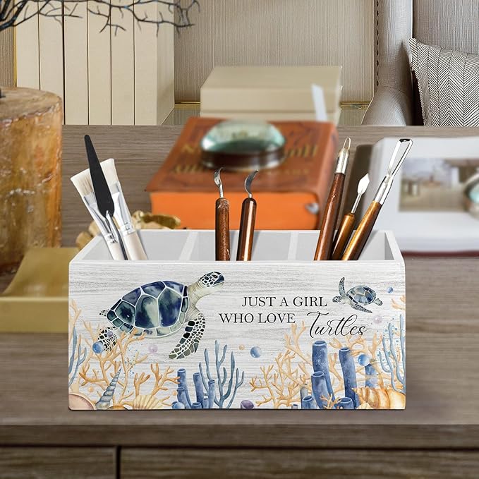Coastal Beach Sea Turtle Pen Pencil Holder Organizer for Desk Accessories, Sea Turtle Gifts for Women Wooden Box Sign Desk Decor for Home Office Decoration, Beach Office Decor