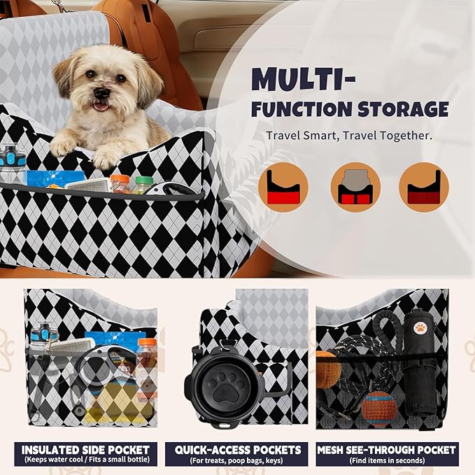 Dog Car Seat for Small/Medium Dogs up to 35lbs, 4-Pocket Storage Memory Foam Dog Booster Seat, Detachable Washable Pet Car Seat with Safety Belt, Outdoor & Indoor Use (Black/White)