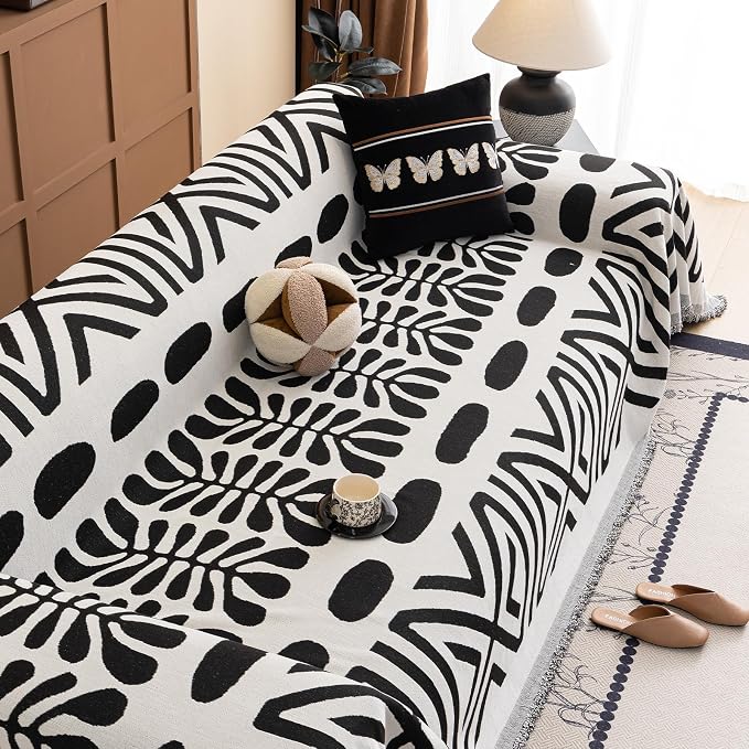 VClife Bohemian Couch Cover Western Aztec Sofa Cover for 2 Cushion Couch Sofa Washable Chenille Sofa Slipcover Boho Non Slip White Black Geometric Couch Slip Cover for Sectional Sofa 71''x118''