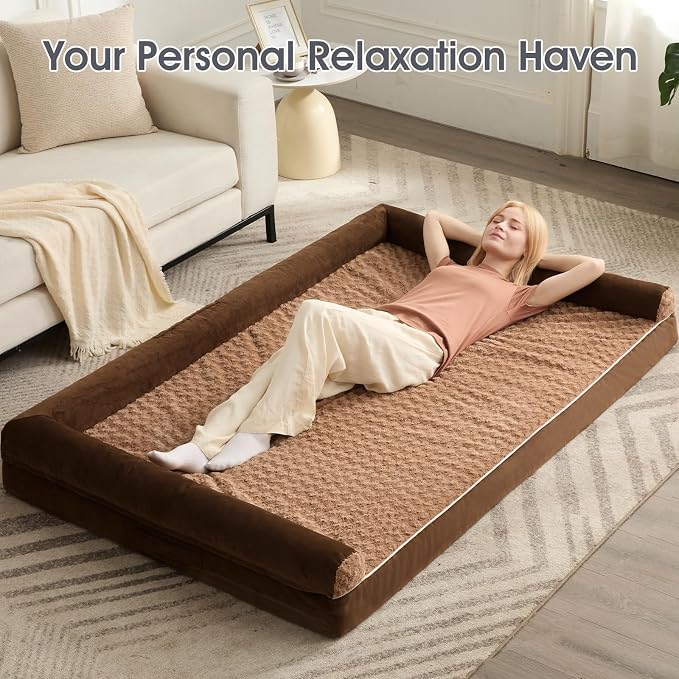BFPETHOME Orthopedic Washable Human Dog Bed for Adult & Dog Cozy Sleep | Human Size Waterproof Big Soft Pet Couch Bed for Adult & Dogs Relax with Removable Cover Supportive Foam Brown 61x43 Inch