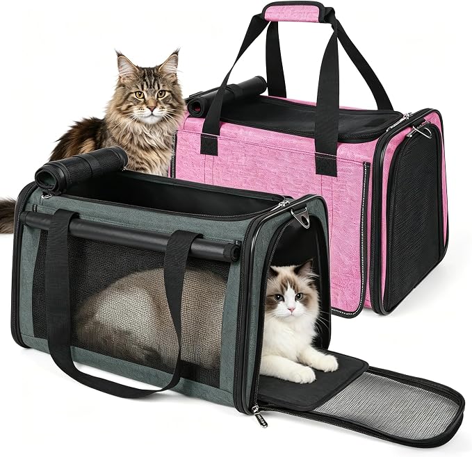 YUDODO 2 Packs 25 lbs Lightproof Soft Sided Cat Carrier for Large Cat & Small Dog Airline Approved Travel Puppy Carriers with Side Pockets & Reflective Mesh, Foldable Portable for Car Grey Green+Pink
