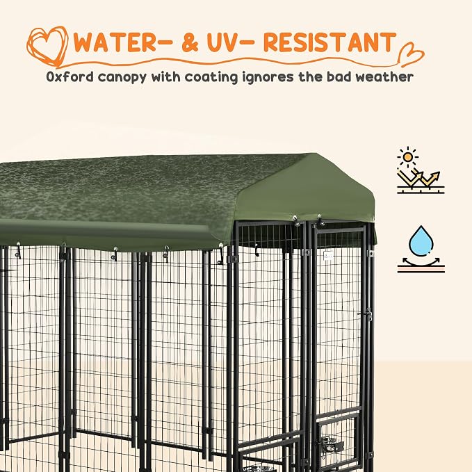PawHut 8' x 4' x 6' Dog Kennel Outside, Welded Wire Outdoor Dog Kennel Run with 360° Rotating Bowls, Waterproof & UV Resistant Cover, for S&M&L Breeds, Chickens, Ducks, Green | Welded Wire Dog Kennel Outside Run, Waterproof & UV Resistant Cover, for S&...