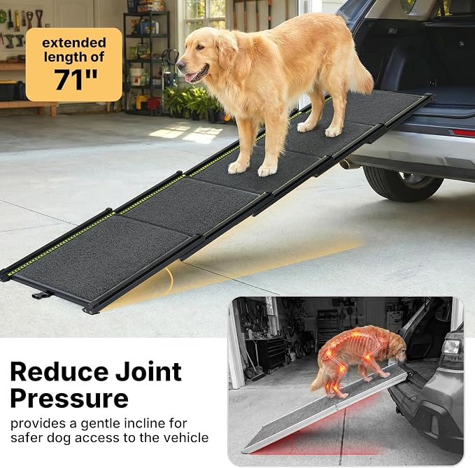 Veehoo Telescoping Large Dog Ramp for Car Truck SUV Pet Ramps 71" L & 20" W | Extra Wide Dog Steps Outdoor Lightweight Cars Ramps with Non-Slip Rug Surface, Portable Foldable Dogs Stairs Up to 110lbs
