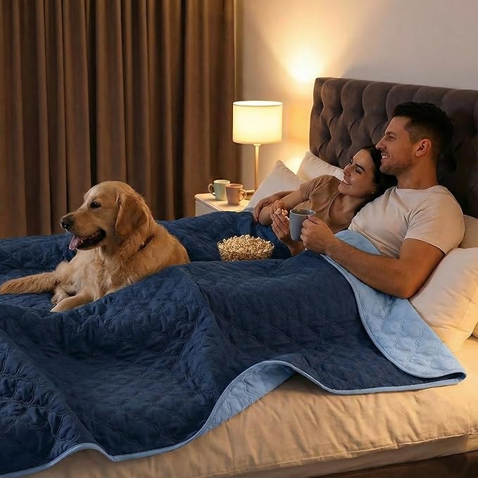 Waterproof Dog Blanket, Couch Cover for Dogs Washable, Reversible Dog Bed Cover, Couch Furniture Protector. (Dark＆Light Blue, 82 X 102 Inch - 1 Pack)