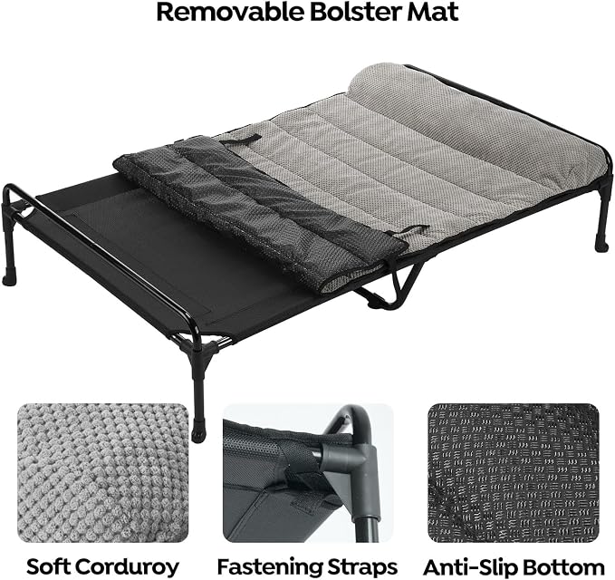 Veehoo Elevated Raised Dog Bed+Removable Padded Bolster-Cooling Outdoor Indoor Dog Cot Bed with Railing for Large Sized Dogs, Pet Cot Dog Hammock Bed Elevated Dog Couch Ded with Bolster-53 x 33"