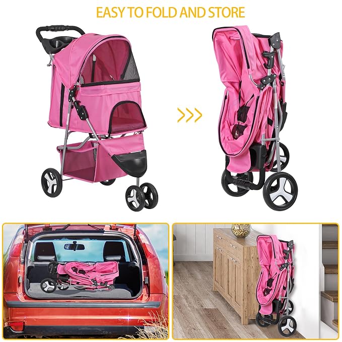 LEMY Foldable Pet Stroller,3 Wheels Cat/Dog Stroller with Weather Cover for Small/Medium Dogs and Cats,Pink Pet Strolling Cart with Storage Basket and Cup Holder