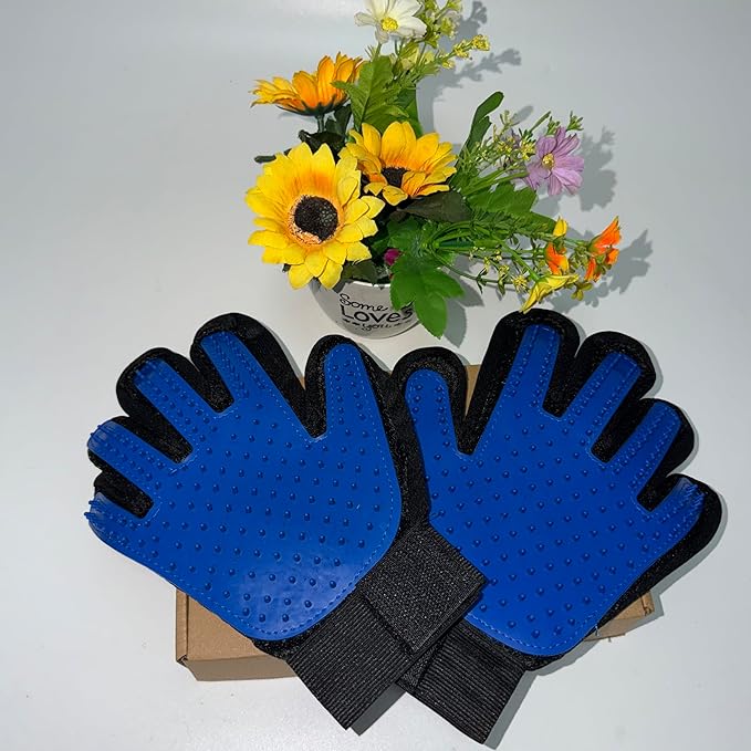 Pet Grooming Glove, Blue and Black, Deshedding Brush Mitt for Dogs and Cats (1 Pair).