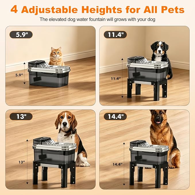 RPZ Dog Water Fountain, 9L Large Capacity Elevated Dog Water Bowl with Filter, 4-Level Adjustable Stainless Steel Water Dispenser for Large Dogs, Quiet Indoor Pet Fountain, No Spill Design