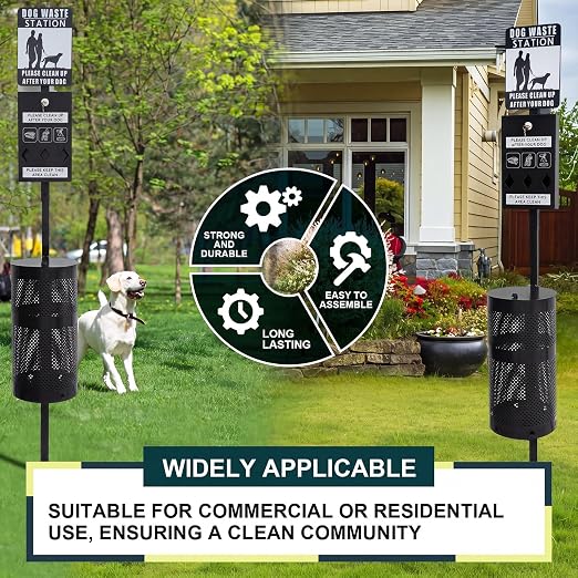 Qinyoung Dog Waste Station Galvanized Steel Outdoor Pet Bin with Poop Bag Dispenser Reflective Sign Rust Proof for Backyard Commercial Park (Black)