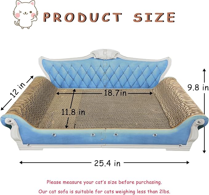 Luxury Cardboard Cat Scratcher Sofa Bed, Couch Shaped Scratching Board, Scratch Lounge with Catnip, Cat Scratcher for Indoor Cats Large Blue 25.4“x12