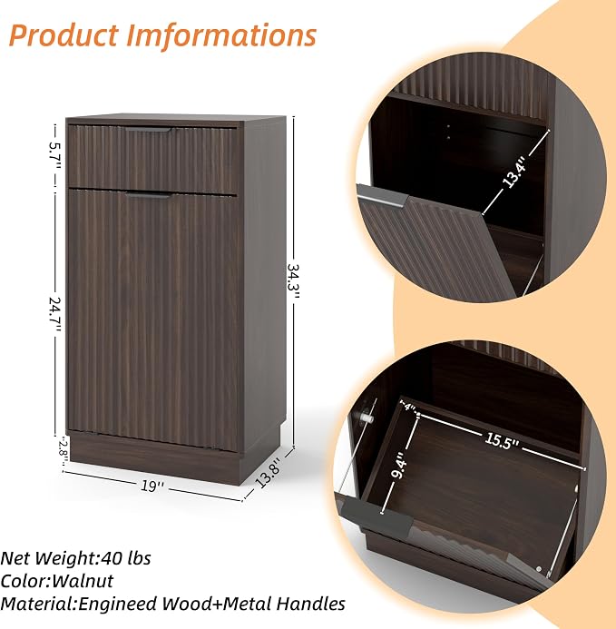 10-Gallon Single Tilt Out Trash Can Cabinet with Drawer,Kitchen Trash Can Cabinet Garbage Recycling Cabinet Wooden Dog-Proof Trash Cabinet for Dining Room and Kitchen,Laundry Room