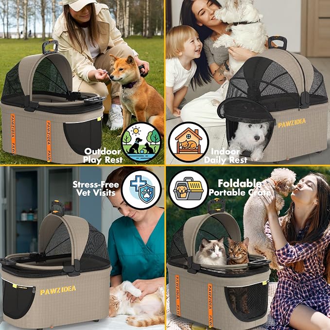 PAWZIDEA 4-in-1 Pet Stroller with Detachable Carrier, Escape-Proof No-Zip Canopy, Lightweight Foldable Dog Stroller for Small Medium Dogs & Cats, Portable Travel Crate & Car Seat Combo, Storage Basket