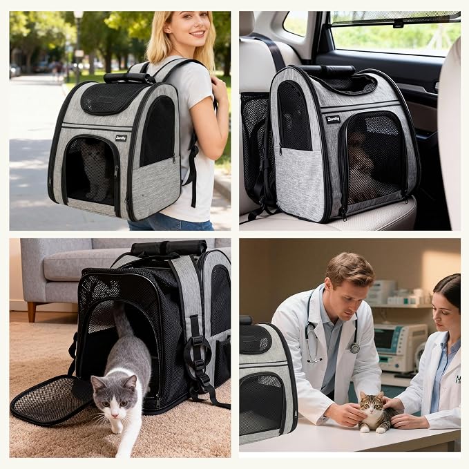 Zavothy Cat Backpack Carrier – Expandable Airline Approved Pet Travel Bag for Cats & Small Dogs, Breathable Mesh Pet Carrier Backpack with Padded Base (Grey)