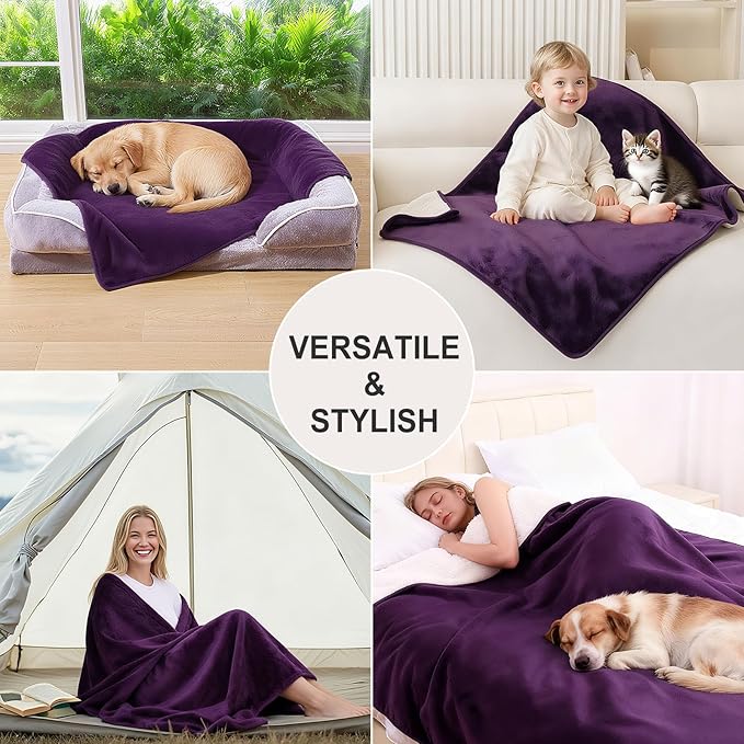 Smiry Waterproof Dog Bed Blanket, Leakproof Pet Throw Blanket for Bed Couch Sofa, Reversible Sherpa Fleece Furniture Protector Cover for Small Medium Large Dogs Cats (Purple, 50x60 inches)
