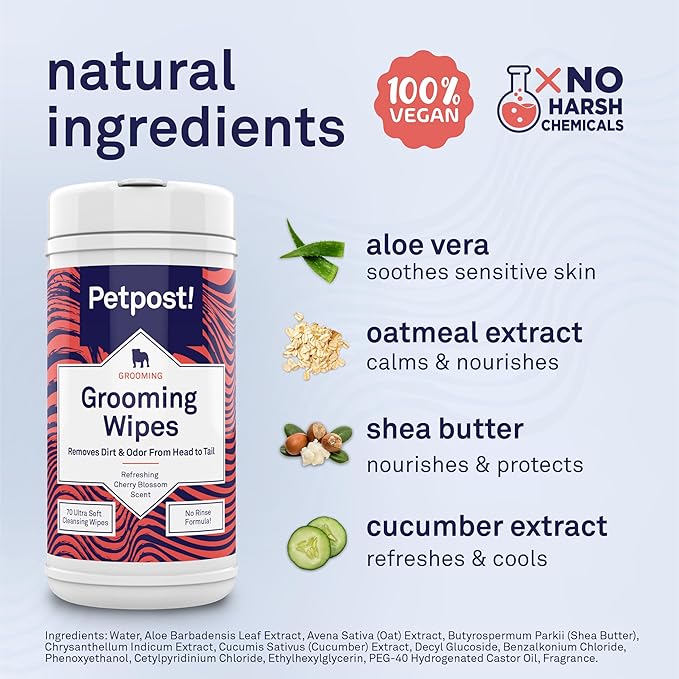 Petpost Large Grooming Wipes for Dogs | 70 Count Deodorizing Dog Cleaning Wipes with Coconut Extract & Aloe | Gentle Pet Wipes with Cherry Blossom Scent for Full-Body Grooming