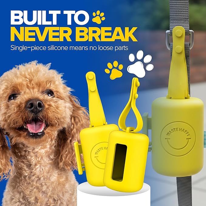 Dog Poop Bag Dispenser with 15 14" Bags Capacity | Yellow Silicone Dog Poop Bag Holder for Leash | Durable, Portable & Refillable Waste Bag Case | Only Fits Waste Happy bags
