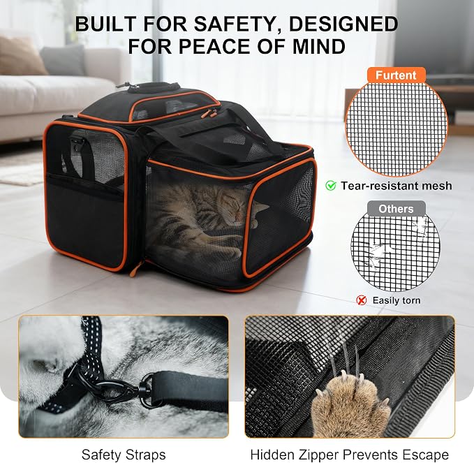 Cat Carrier Soft Expandable Pet Carrier Top & Sides Expandable Airline Approved 360° Ventilation Soft-Sided Cat Carriers Pet Travel Bag with Breathable Mesh Built-in Safety Leash & Reversible Cushion