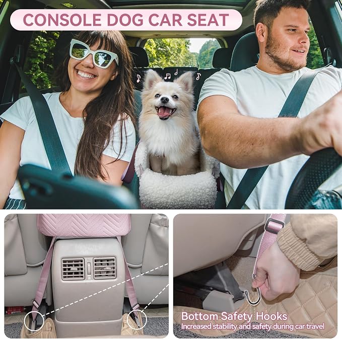 PETSFIT Cat Car Seat, Portable Console Dog Car Seat with Safe Protective Hooks, Luxury Pet Car Seat Includes Safety Leash and Storage Pocket for Pets Up to 9 lbs (Pink)