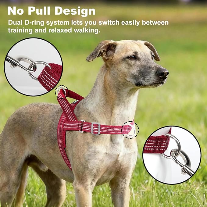 No Pull Dog Harness with Handle, Adjustable Soft Mesh Padded Vest | Reflective Walking Harness with Front Clip for Small Medium Large Dogs, Quick Fit No Escape for Training, Red, S