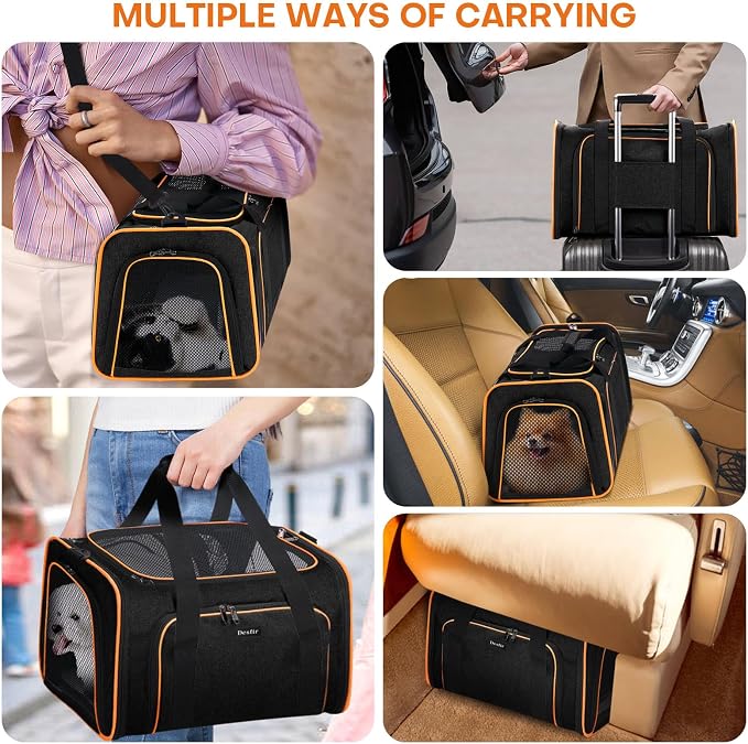 Pet Carrier, Large Soft Sided Expandable Travel Carrier with Steel Frame, Anti-Scratch Mesh, Removable Fleece Pad and Pockets for Cats, Dogs and Small Animals up to 15 lbs (Black, 5 Sides Expandable)