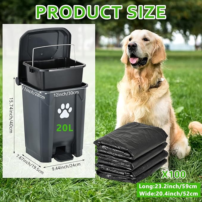 Dog Poop Trash Can Outside, 20L Outdoor Pet Waste Bin with Removable Inner Bucket & 200 Bags, Waterproof Dog Waste Container, Odor Control Poop Disposal for Backyard, Patio, Garden & Lawn