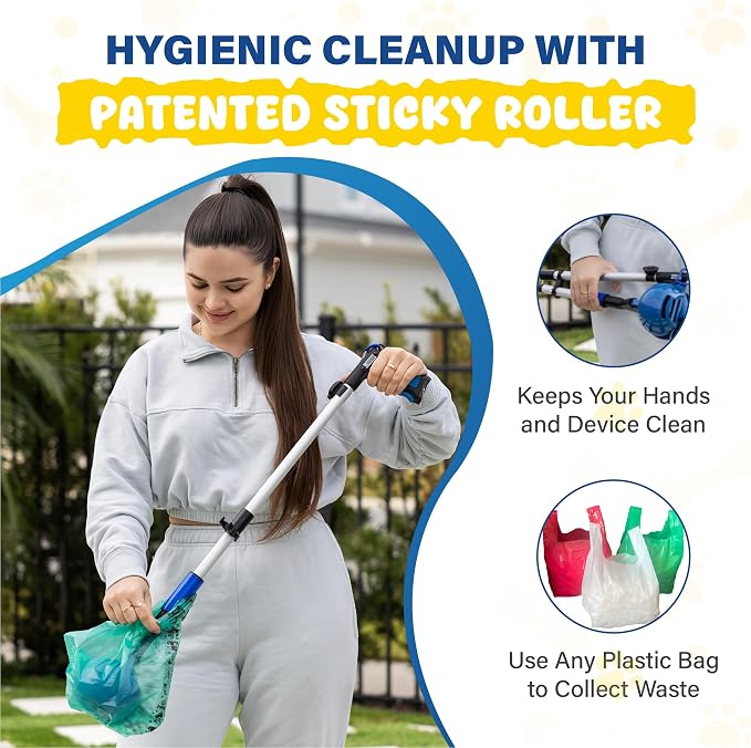 Dog Pooper Scooper 3 Tools in 1, Portable Pooper Scooper for Large & Small Dogs | Long Handle Poop Scooper for Dogs | Durable & Easy-to-Use Poop Scooper for Yard with Sticky Roller Feature