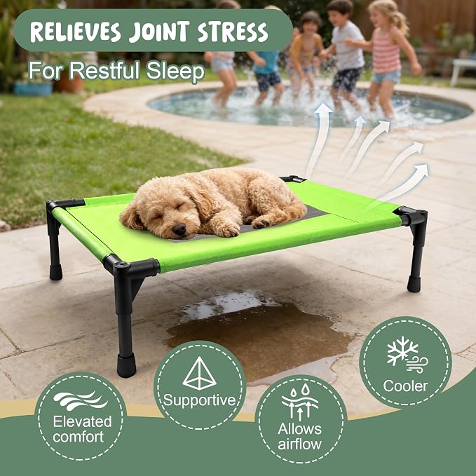 Elevated Dog Bed for Large Dogs - Outdoor Cooling Cot with Washable Breathable Mesh, Portable Raised Pet Bed with Non-Slip Feet & Waterproof Teslin, Heavy Duty & Chew Proof for Camping (Green, Medium)