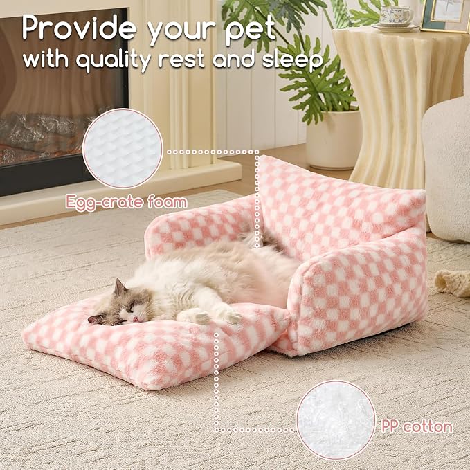 Hollypet Cat Bed Small Dog Orthopedic Couch Beds for Pets up to 20 lbs | Fluffy Multifunctional Double-Layer Warming Kitten Pet Couch Orthopedic Beds with Machine Washable Cover and Non-Slip Bottom