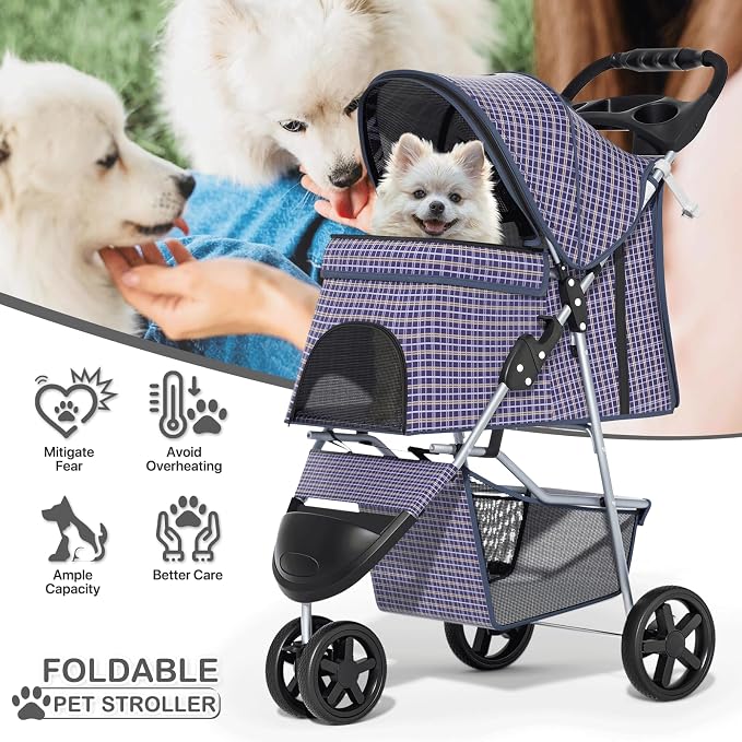 MoNiBloom Pet Stroller for Small/Medium Dogs and Cats up to 33 lbs, Plaid | Foldable 3 Wheels Pet Strolling Cart w/ Storage Basket Weather Cover Cup Holder, Breathable and Visible Mesh for All-Season