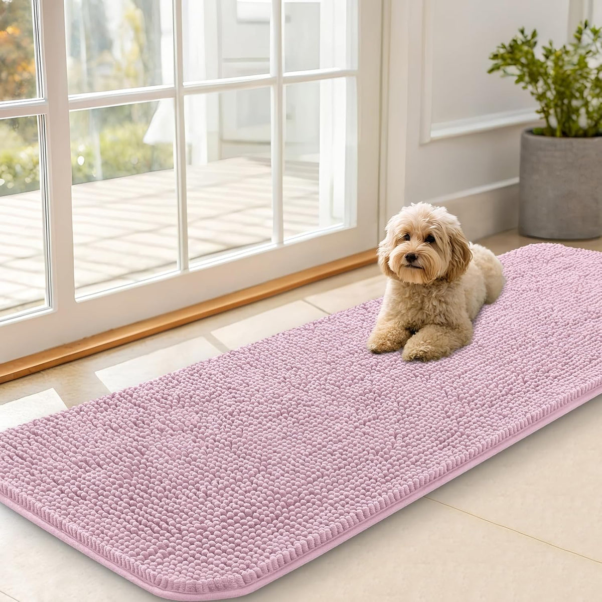 OLANLY Dog Door Mat for Muddy Paws 47x20, Absorbs Moisture and Dirt, Absorbent Non-Slip Washable Doormat, Quick Dry Chenille Mud Mat for Dogs, Entry Indoor Entryway Carpet for Inside Floor, Dusty Rose