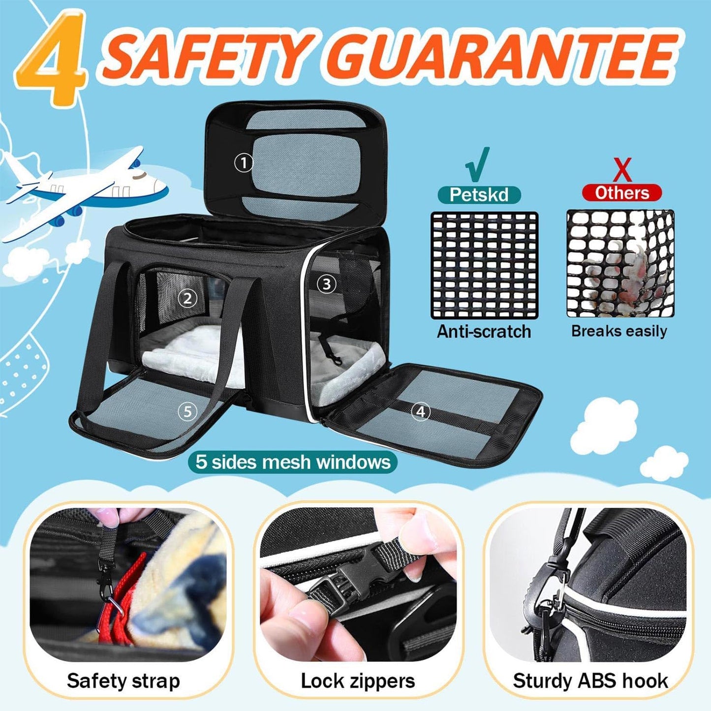Petskd Top-Expandable Pet Carrier 17x12x8.5 Inches JetBlue Allegiant Spirit Airline Approved, Soft-Sided Carrier for Small Cats and Dogs with Locking Safety Zippers and Anti-Scratch Mesh(Black)