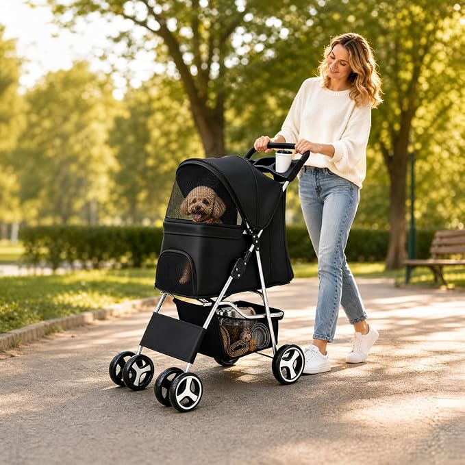 ZENY Foldable Pet Stroller, Cat/Dog Stroller with 4 Wheel, Pet Travel Carrier Strolling Cart with Storage Basket, Cup Holder (Black)