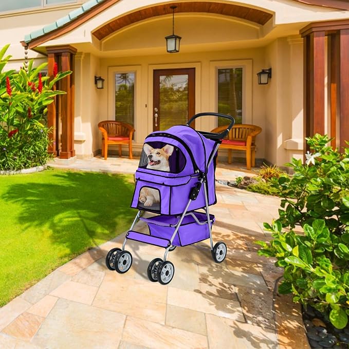 Pet Stroller for Small Medium Dogs & Cats, 4-Wheel Breathable Compact Foldable Dog Carrier with Storage Basket, Outdoor Portable Lightweight Travel Stroller for Camping,Purple