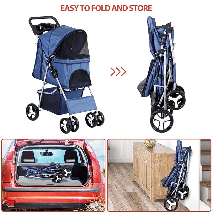 4 Wheels Dog Stroller Folding Pet Strolling Cart for Small Medium Cats Puppies Portable Jogger Travel Camping Puppy Carrier with Storage Basket Cup Holder, Navy Blue