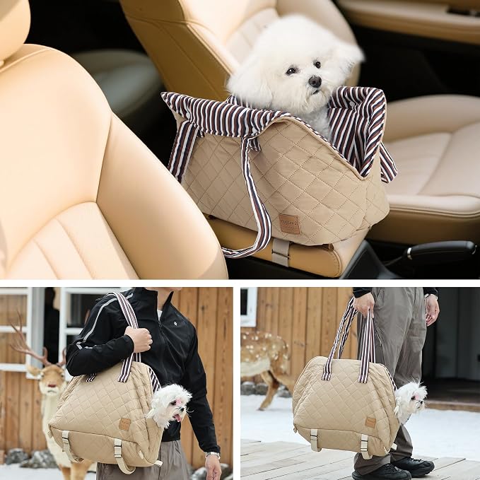 Small Dogs Under 12 lbs Adjustable Portable Center Console Car Seat, Built-in Bubble wrap, Fits Most Cars & SUVs with Convenient Handbag Functionality, Stylish Travel Pet Bag (Beige)