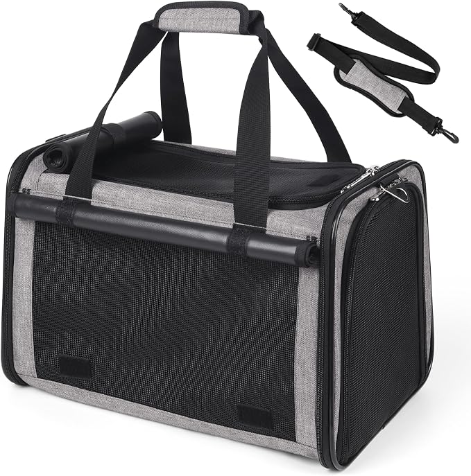 YUDODO 25 lbs Lightproof Soft Sided Large Cat Carrier for Small Dog Pet Airline Approved Travel Bag Puppy Carriers with Side Pockets & Reflective Mesh, Foldable Portable for Outdoor Car Grey