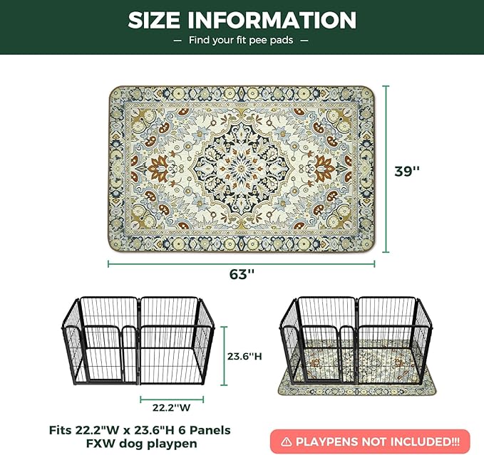FXW Washable Pee Pads for Dogs, Puppy Pads with Super Absorbent, Specifically Designed for FXW Rollick/Homeplus 24inch 6 Panels Dog Playpen, 39" x 63" Rectangle, Boho Beige, 1 Pack