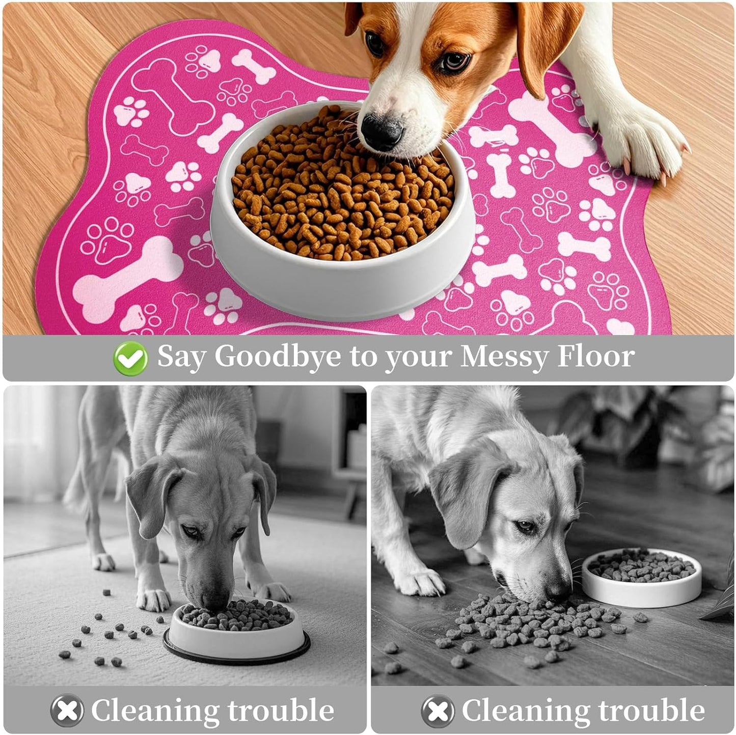 Dog & Cat Food Mat Bone Shaped Pet Feeding Mat Quick Absorb Water Bowl Placemat with Rubber Backing Indoor Floor Stain Resistant Pet Accessory Supplies (Pink, 16x24 Inches)