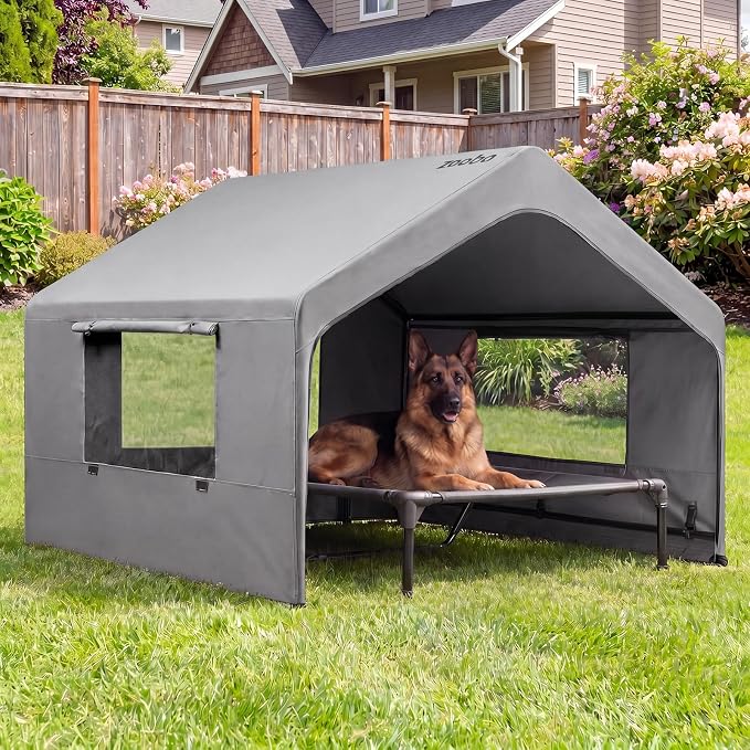 Zooba Extra Large Dog Shade with Elevated Bed, Outdoor Dog House Waterproof | 4’×4’×3.3’ Dog Shelter with Canopy, Dog Tent for Outside, 2-in-1 Separate Design, Grey