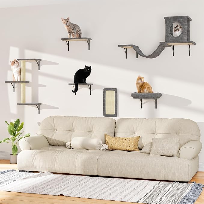 Cat Wall Shelves, 6-in-1 Cat Wall Furniture Set for Large Cats, Cat Climbing Wall Systems with Perch Bed, Condo, Bridge Ladder, Steps, Scratching Post, Dark Gray