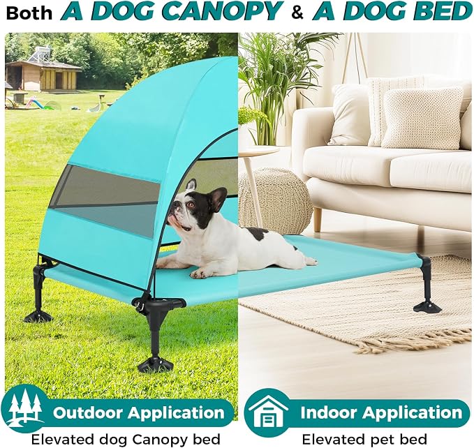 Outdoor Elevated Dog Bed with Canopy for Large Dogs, Blue, L | Breathable Raised Cot with Shade, Tool-Free Setup for Patios, Backyards and Camping